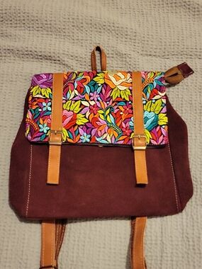 Embroidered Floral Flap Suede Backpack - Burgundy